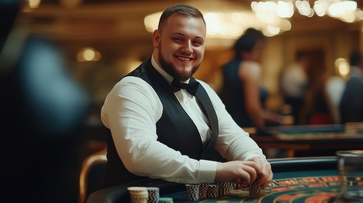 Tampilan meja No Commission Baccarat di studio live stake88 dengan dealer dan kartu yang ditampilkan